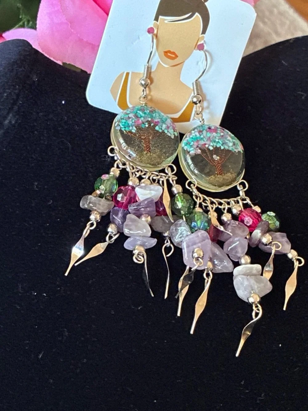 Colorful Tree Art Purple Dangle Earrings